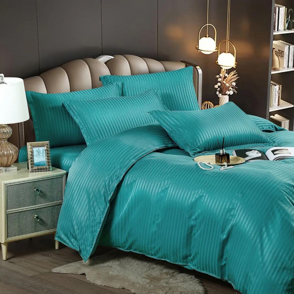 Lenjerie de pat dublu, cu elastic, damasc, turquoise, 6 piese, DME-15