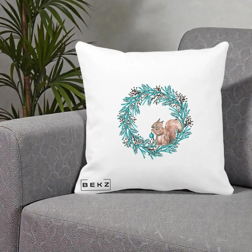 Perna Decorativa Coroana Turcoaz cu Veverita, 40x40 cm, Alba Mata, Husa Detasabila, Perna Inclusa, BEKZ®