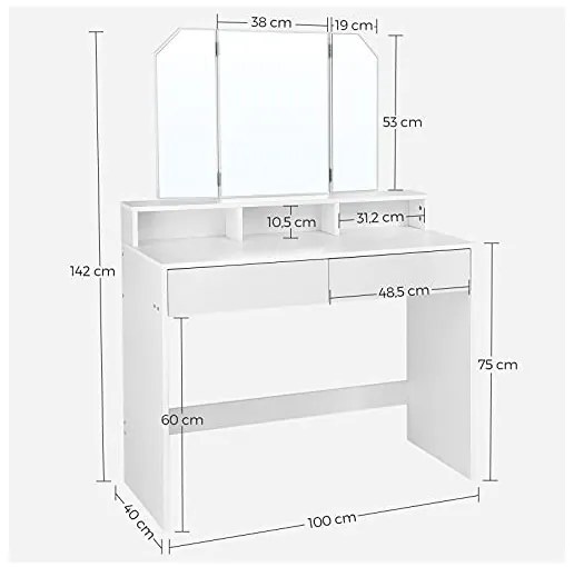 Masa de toaleta, Vasagle, cu oglinda, Alb, RDT115W01, 40 x 100 x 142 cm