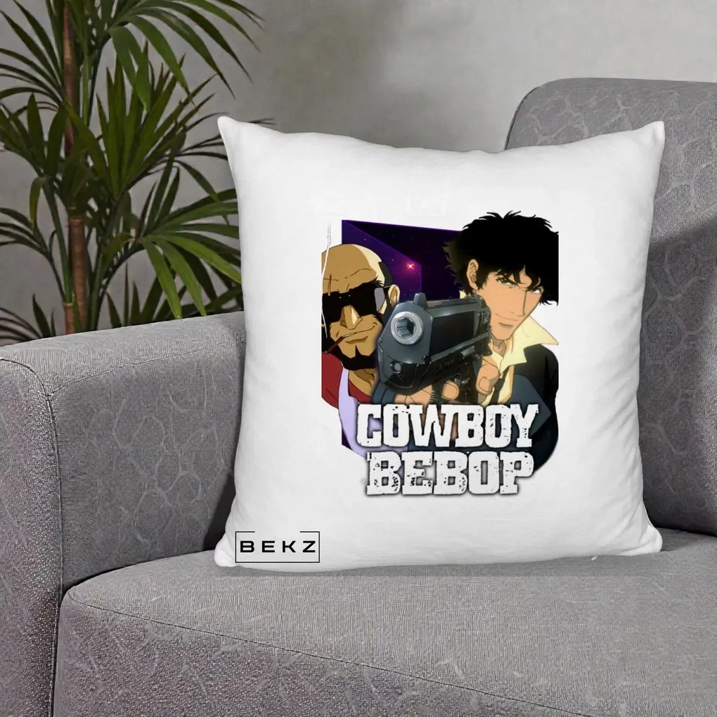 Perna Personalizata Cowboy Bebop Spike si Jet Poster, 40x40 cm, Alb Pufos, Husa Detasabila, Perna Inclusa, BEKZ®