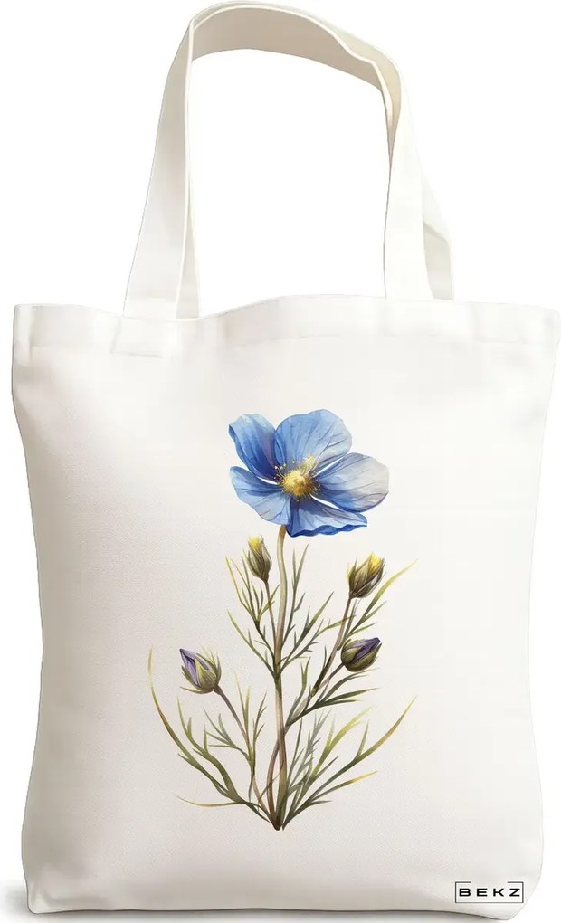Sacosa de Panza pentru Cumparaturi, Geanta Tote, model Blue Flower 3 38 x 34.5 cm, Alba, BEKZ®