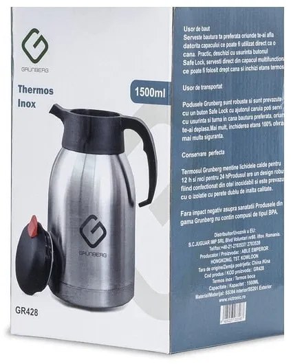 Cana termos Grunberg, cu sistem apasare capac, 1500 ml, otel inoxidabil