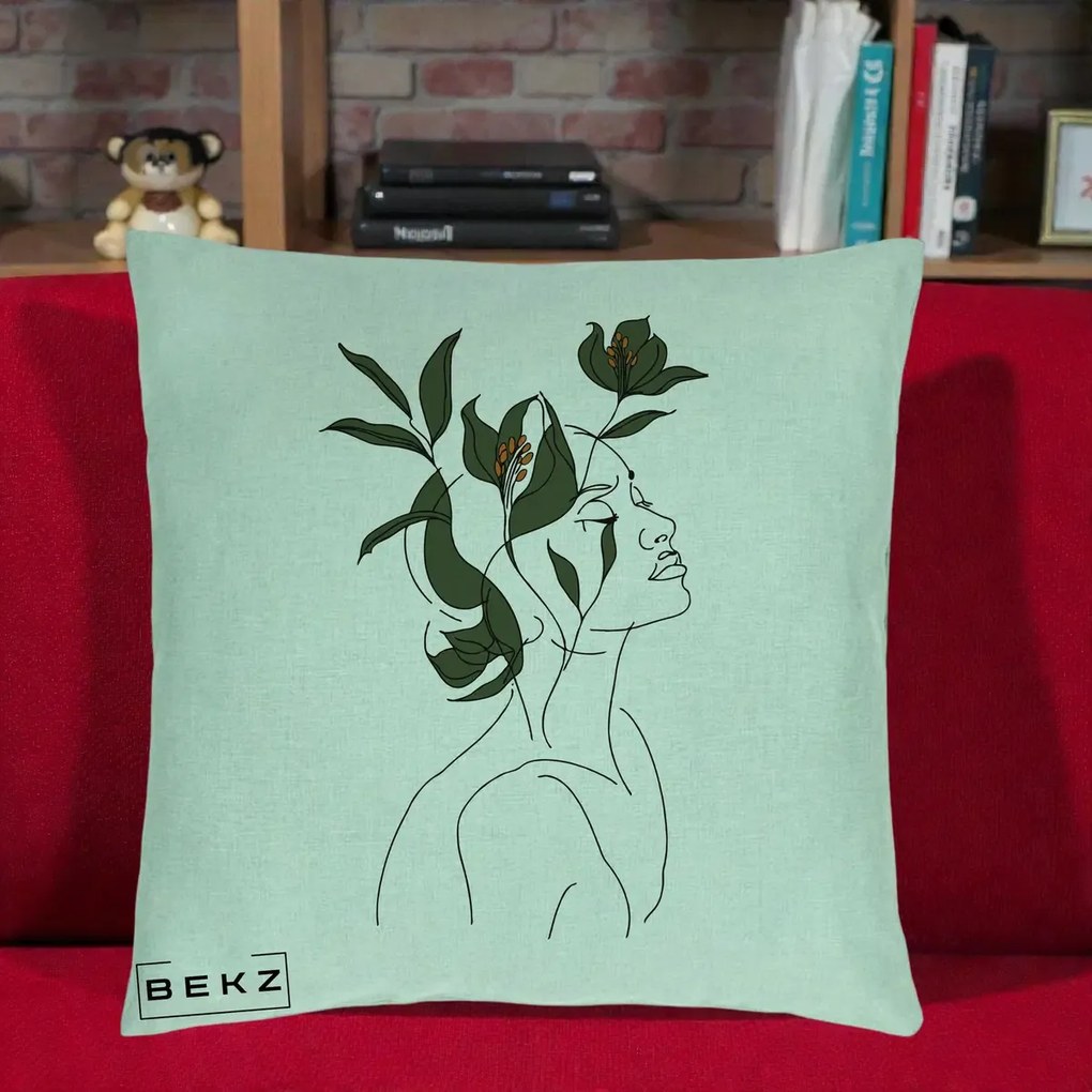 Perna Decorativa Portret Feminin Crin Verde, 40x40 cm, Verde Menta, Husa Detasabila, Perna Inclusa, BEKZ®