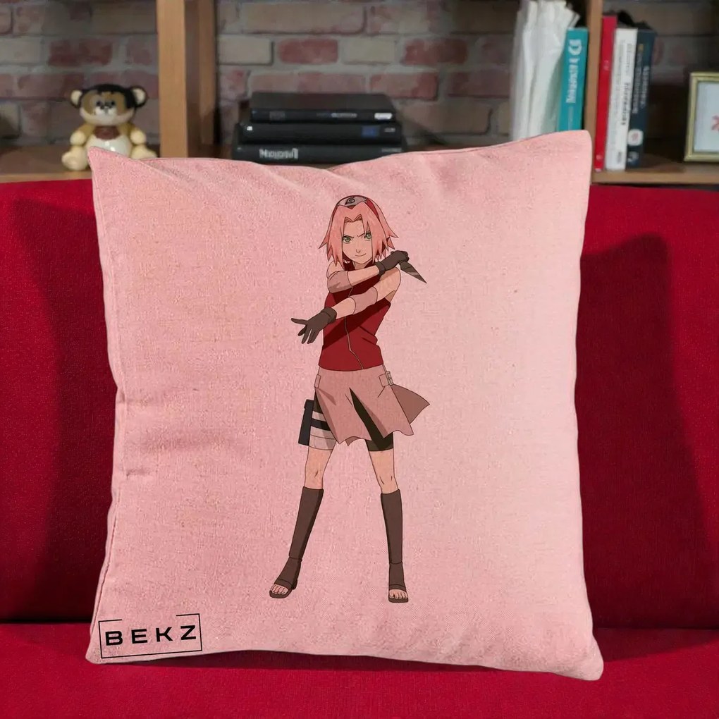 Perna Personalizata Naruto Sakura Haruno Portret, 40x40 cm, Roz, Husa Detasabila, Perna Inclusa, BEKZ®