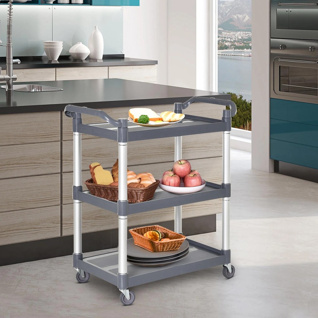HOMCOM Cărucior de bucătărie cu 3 niveluri, 35 kg/raft, pe roți, pentru bucătărie, sufragerie, birou, 88x44x93 cm, gri | Aosom Romania