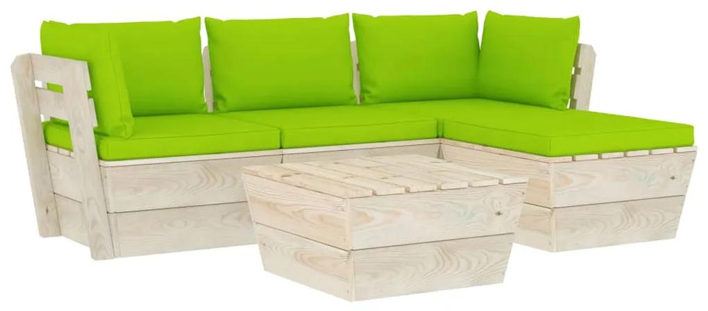 Set mobilier gradina din paleti cu perne, 5 piese, lemn molid verde aprins, 2x colt + mijloc + masa + suport pentru picioare, 1