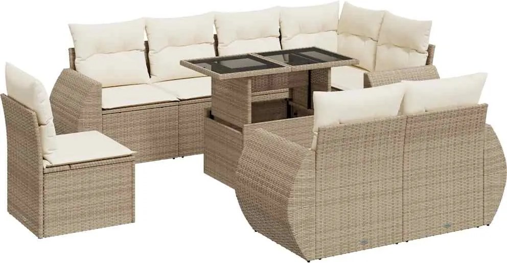 vidaXL Set canapele de grădină, 9 piese, cu perne, bej, poliratan