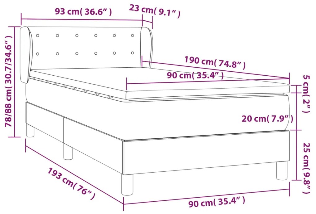 Pat box spring cu saltea, alb, 90x190 cm, piele ecologica Alb, 90 x 190 cm, Nasturi de tapiterie