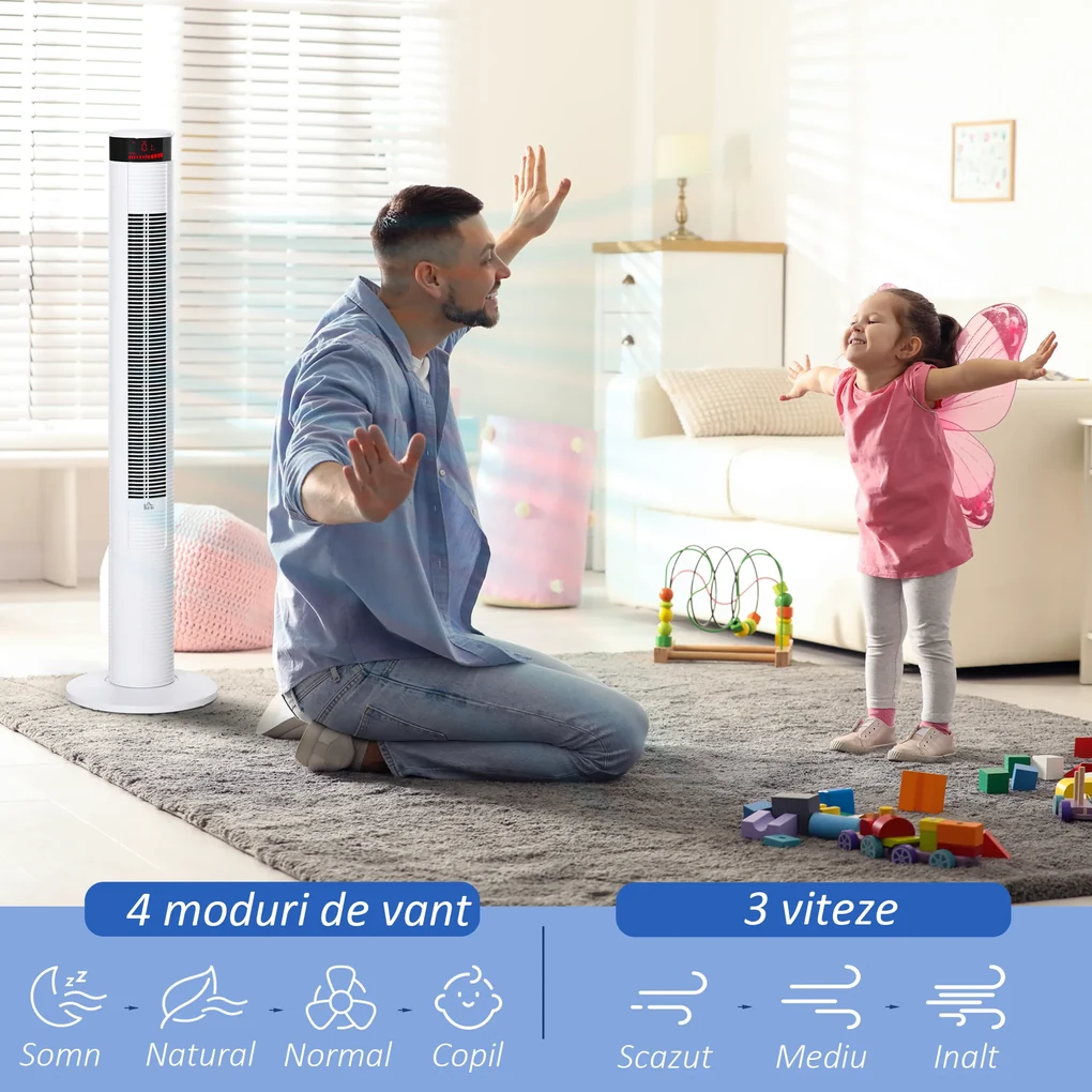 HOMCOM Ventilator de Turn cu Panou LED, 3 Viteze, 4 Moduri, 45W, Telecomandă, Alb | Aosom Romania