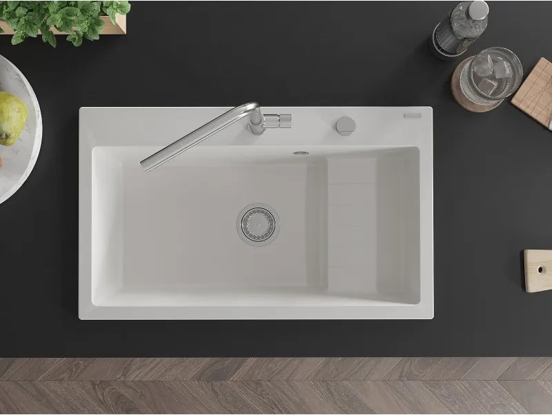 Mexen Omar chiuvetă de bucătărie din granit cu 1 cuvă 800 x 480 mm, alb, sifon cromat - 6520801005-20