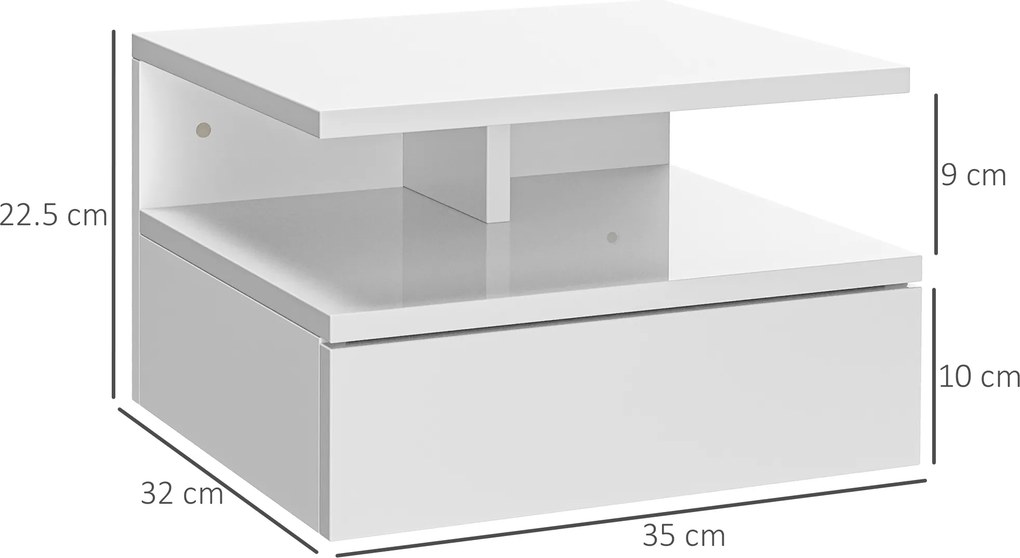 HOMCOM Set de 2 Noptiere Suspendate cu Raft Superior, Design Modern, Lemn, Alb Lucios, 35x32x22.5cm | Aosom Romania