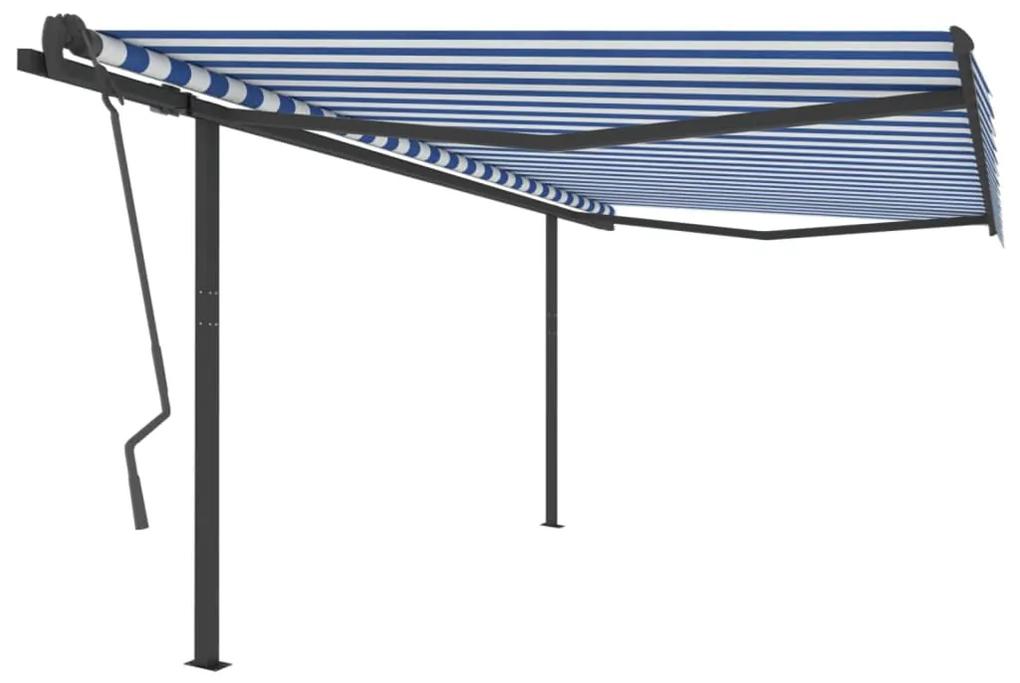 Copertina retractabila manual cu stalpi, albastru alb, 4x3,5 m