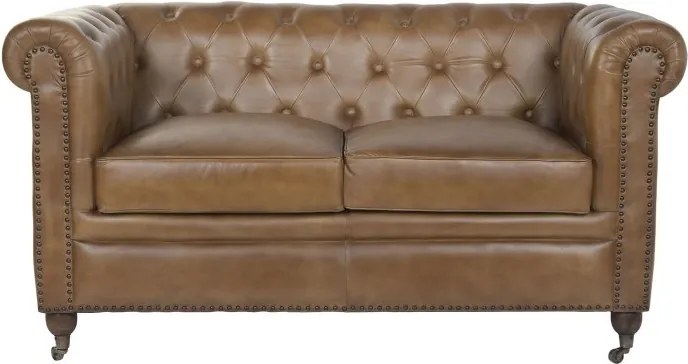 Canapea Chesterfield cu 2 locuri din piele, maro, spătar și brațe capitonate cu ținte, picioare cu rotile, finisaj antichizat, 76 x 148 x 80 cm,