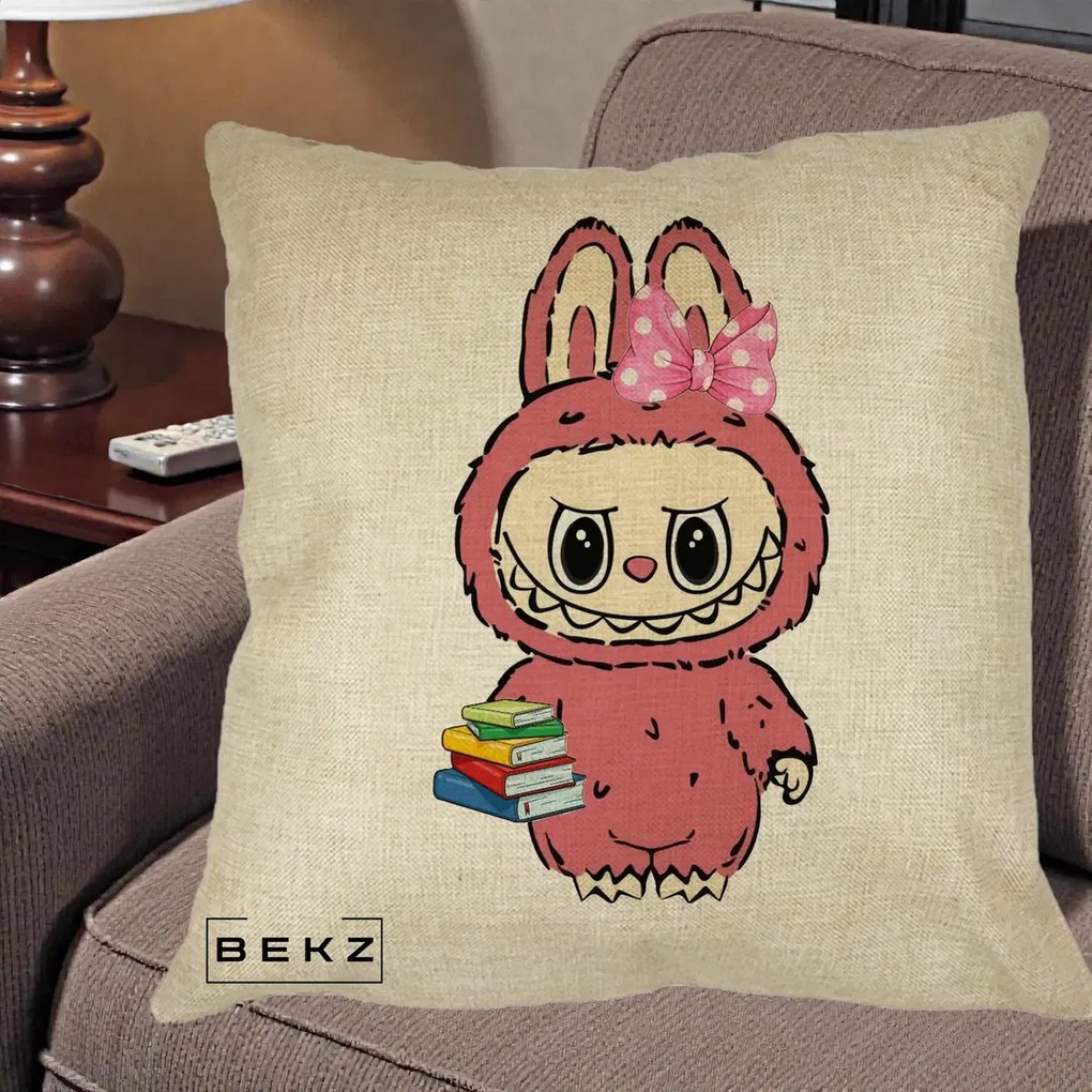 Perna Personalizata Labubu Roz cu Funda si Carti, 40x40 cm, Crem, Husa Detasabila, Perna Inclusa, BEKZ®