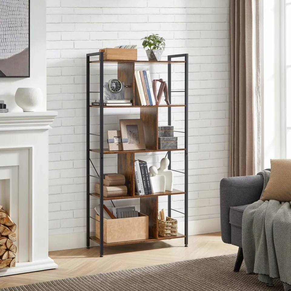 Biblioteca Living, Maro Rustic / Negru, PAL / Metal, 5 Rafturi