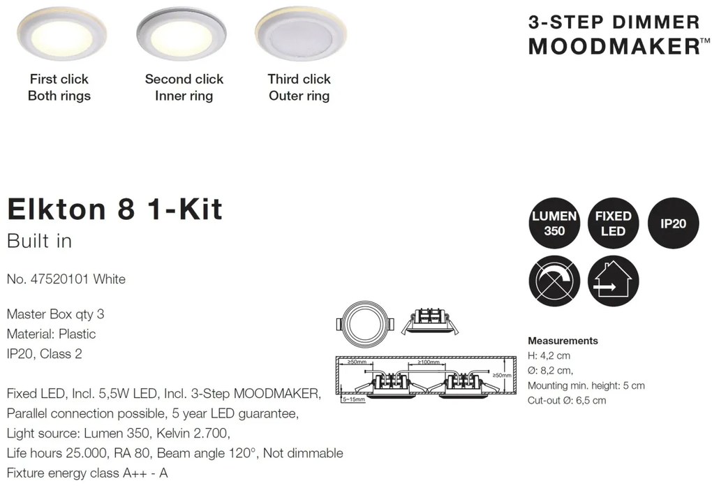 Spot LED incastrabil Elkton 8 / 2700K / 3-Step MOODMAKER