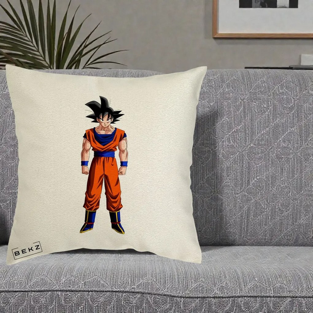 Perna Personalizata Dragon Ball Goku Complet in Gi Portocaliu, 40x40 cm, Ecru, Husa Detasabila, Perna Inclusa, BEKZ®