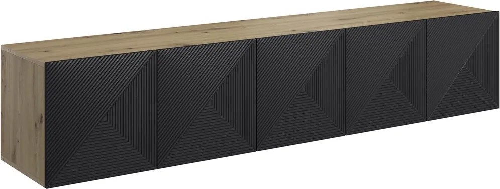 Comodă TV suspendatăă cu front striat Asha 200 cm - artisan / negru mat