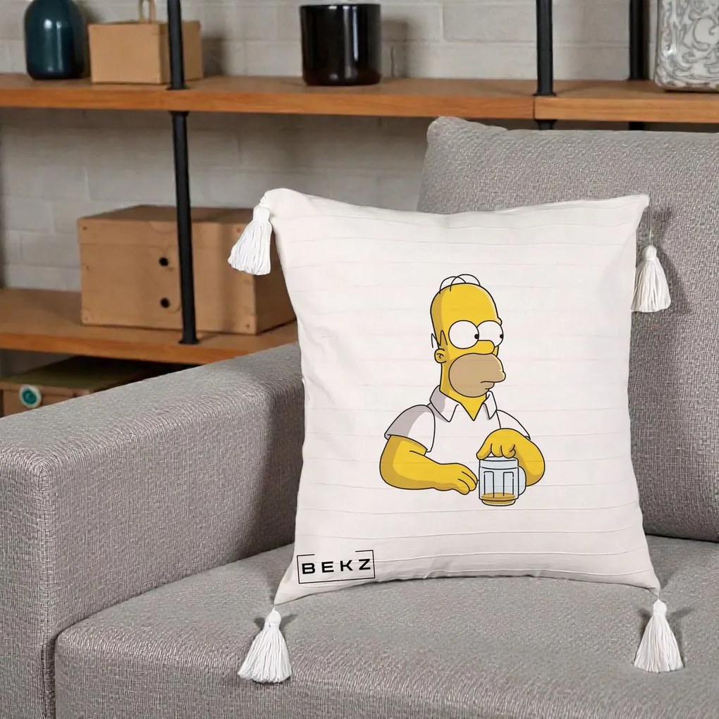 Perna Personalizata Homer Simpson cu Bere, 40x40 cm, Bej cu Franjuri, Husa Detasabila, Perna Inclusa, BEKZ®