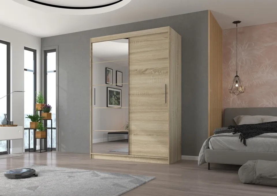 Dulap cu usi glisante si oglinda 150x215 cm, Esti, ADRK Furniture (Culoare: Sonoma)