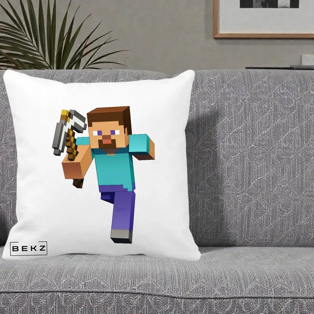 Perna Personalizata Minecraft Steve, 40x40 cm, Alba Mata, Husa Detasabila, Perna Inclusa, BEKZ®