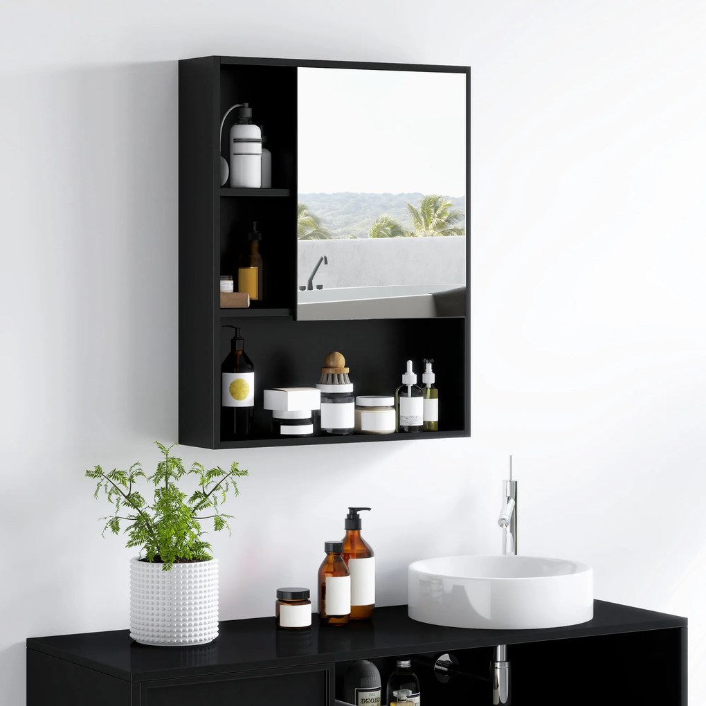 kleankin Dulapior de Baie cu Oglindă și Rafturi Reglabile, Dulap de Baie cu Ușă și Montare pe perete, 60x15x76 cm, Negru | Aosom Romania