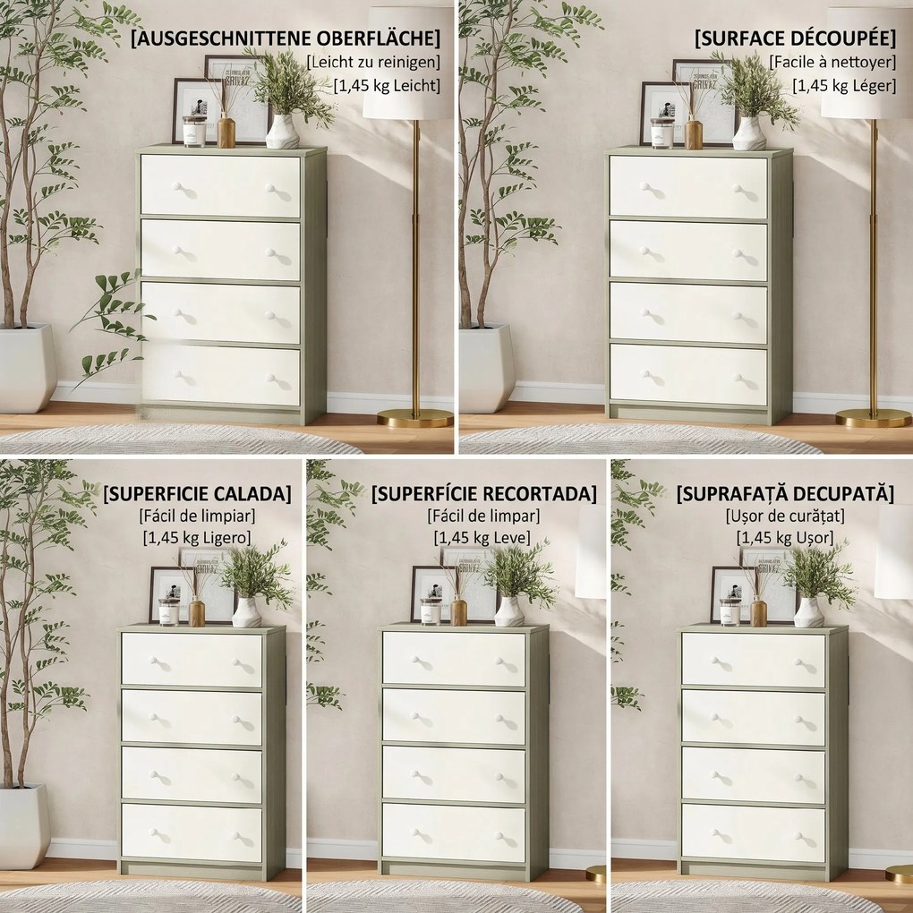 HOMCOM Comodă Modernă cu 4 Sertare Pliabile 58x30x91 cm, Alb și Gri | Aosom Romania