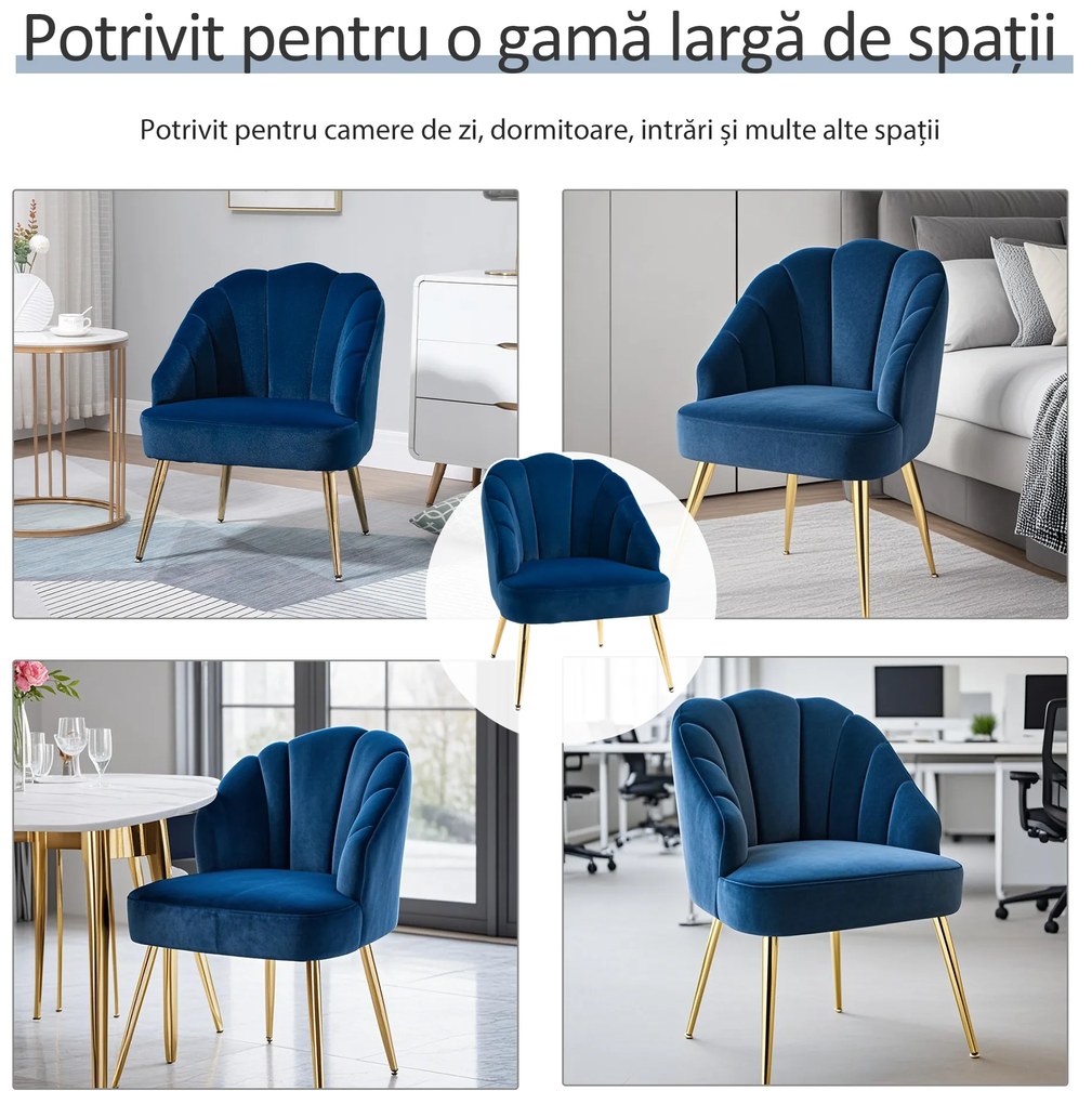 HOMCOM Fotoliu din Catifea cu Spătar în Formă de Scoică, Fotoliu din Catifea cu Picioare Aurite din Oțel, 63x65x84 cm, Albastru | Aosom Romania