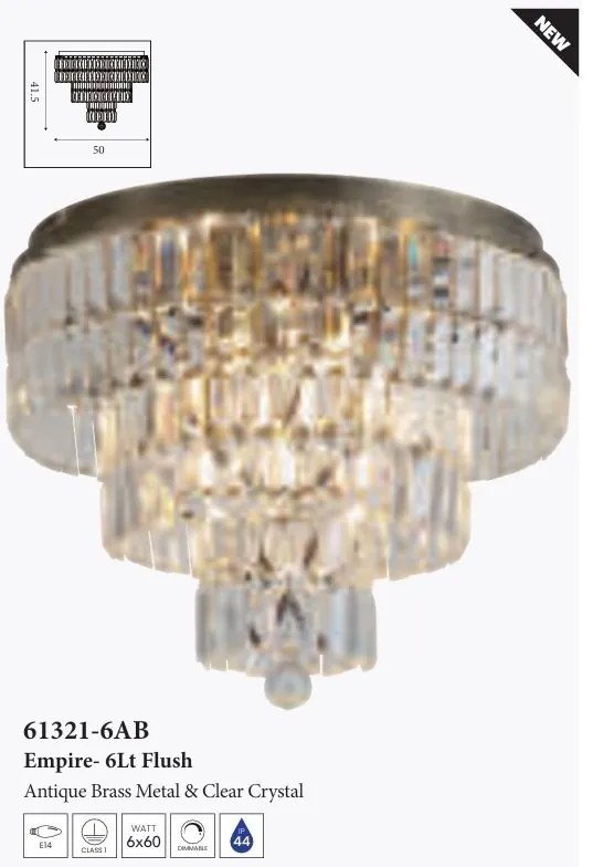 Lustra baie metal alama antic, cristal transparent Empire 6L, IP44