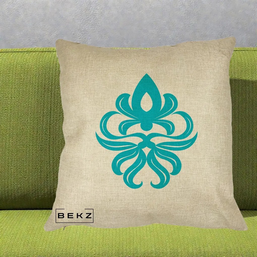Perna Decorativa Ornament Turcoaz Fleur de Lis, 40x40 cm, Crem, Husa Detasabila, Perna Inclusa, BEKZ®