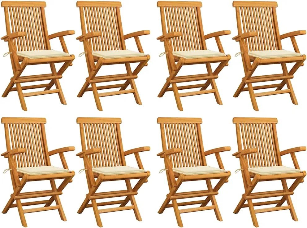 vidaXL Scaune de grădină cu perne crem, 8 buc., lemn masiv de tec