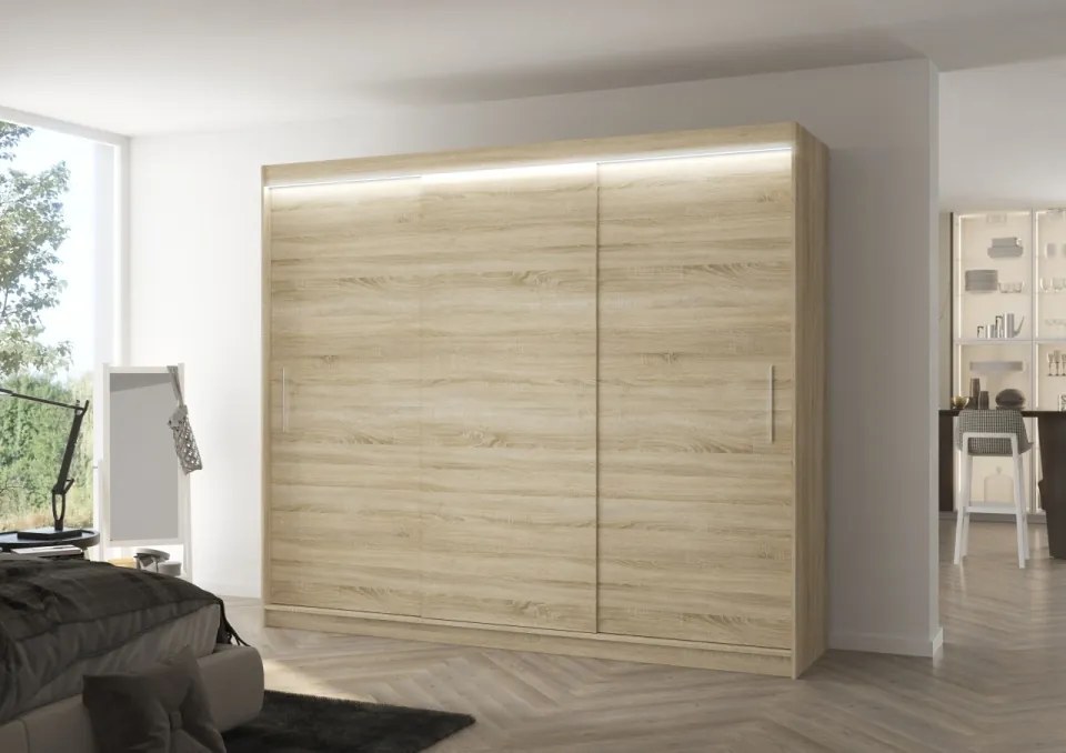 Dulap cu usi glisante si iluminare LED, Antos 250 + LED, 250 cmx200 cmx58 cm, ADRK Furniture (Culoare: Sonoma)