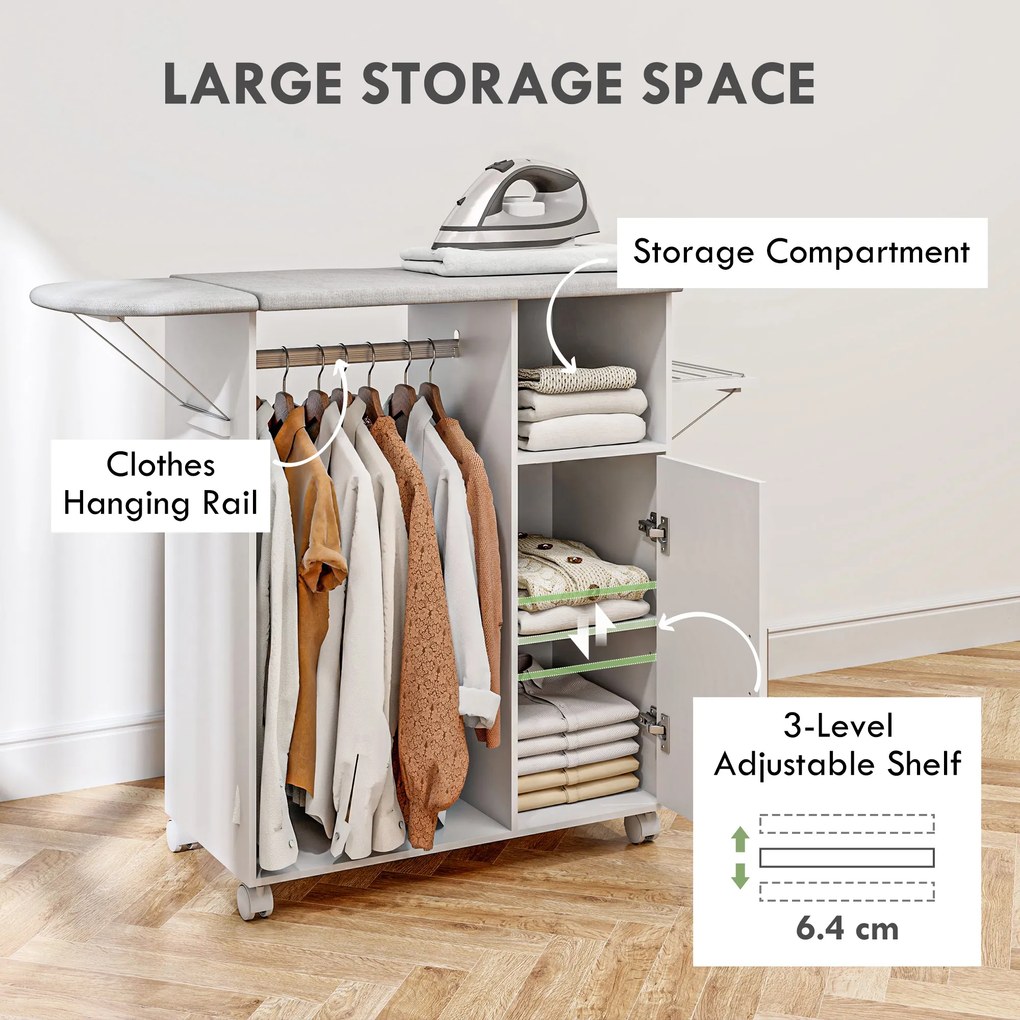 HOMCOM Dulap Multifuncțional cu Masă de Călcat | Blat din Tesatura Efect In | 3 Rafturi | Ghidaj pentru Agățat | 127x42.5x99 cm | Alb | Aosom Romania