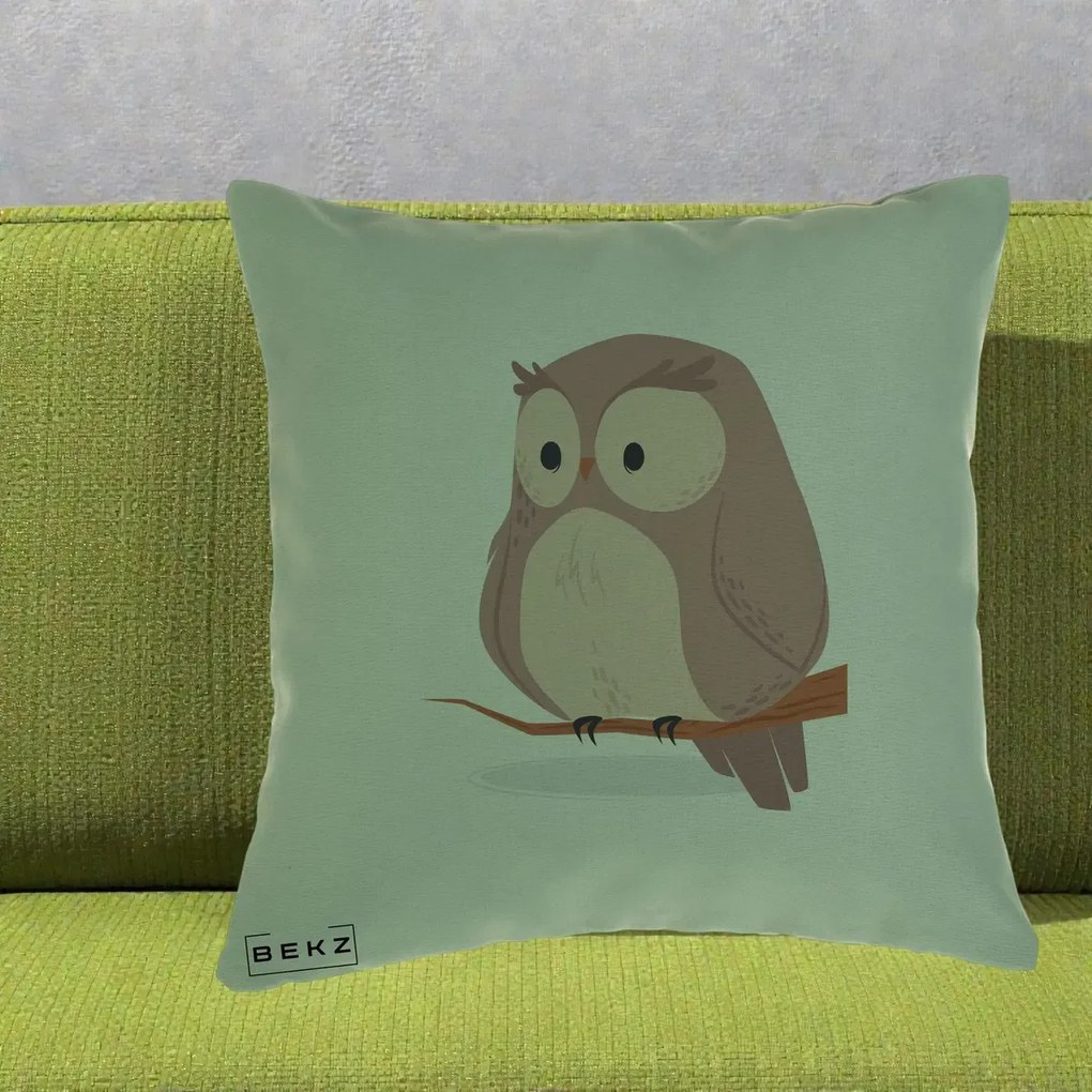 Perna Decorativa Bufnita Kawaii pe Creanga, 40x40 cm, Verde, Husa Detasabila, Perna Inclusa, BEKZ®