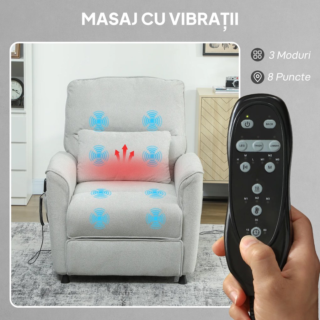 HOMCOM Fotoliu Relax Electric cu Masaj și Încălzire, Silențios, Reclinabil 150° în Cinilă cu Pernă, Funcție de Memorie, 2 Telecomenzi, Suport pentru Picioare pentru Living și Birou, Gri | Aosom Romania