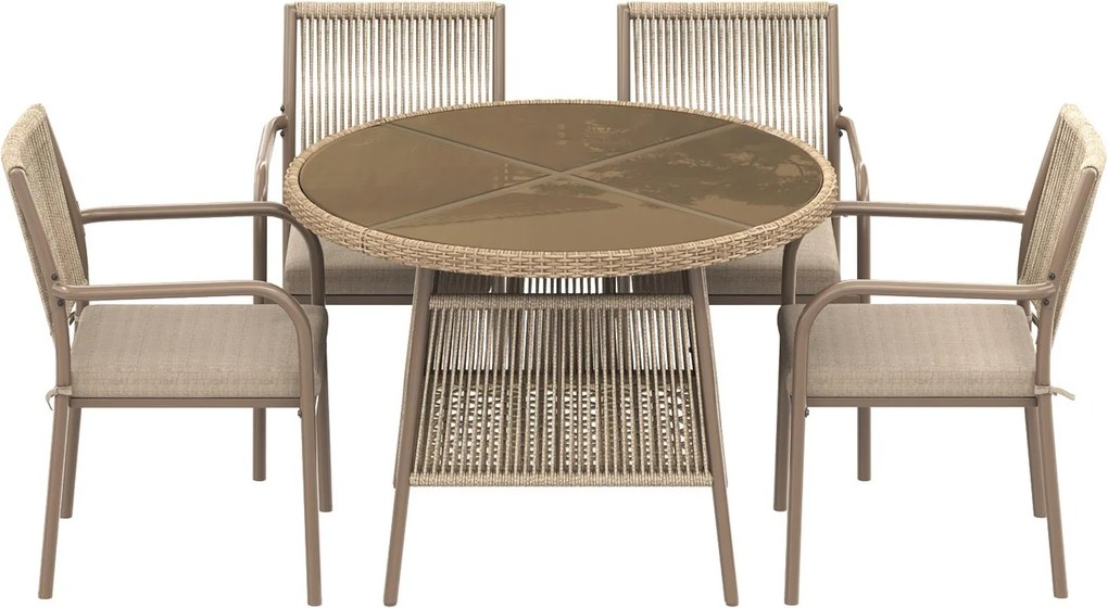 Set mobilier de grădină modern, 5 piese, masă rotundă cu blat din sticlă securizată, 4 scaune cu brațe cu spătar din sfoară, Maro