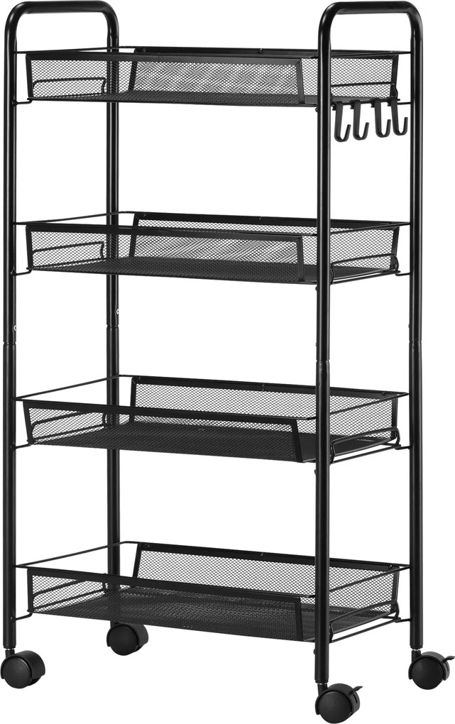 HOMCOM Cărucior Utilitar cu 4 Niveluri, Design Rulant cu Coșuri de Plasă și Cârlige, 45x26.5x84cm, Ideal pentru Bucătărie și Birou | Aosom Romania
