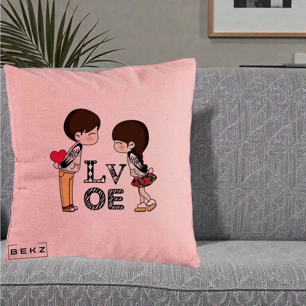 Cadou Romantic - Perna Personalizata Cuplu Kawaii LOVE, 40x40 cm, Roz, Husa Detasabila, Perna Inclusa, BEKZ®