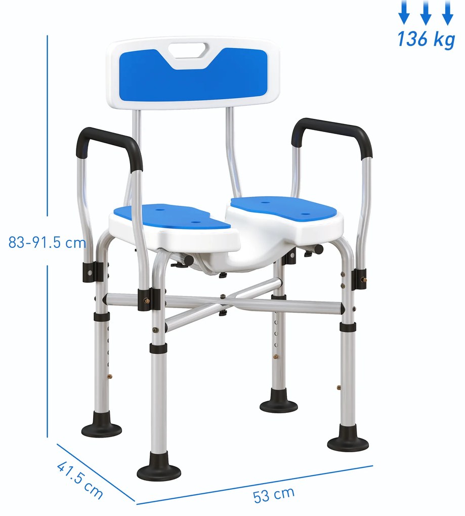 HOMCOM Scaun de Duș cu Spătar, Brațe, Șezut Canelatat, Bare de Ranforsare și Înălțime Reglabilă, 53x41,5x78,5-91,5 cm, Albastru | Aosom Romania