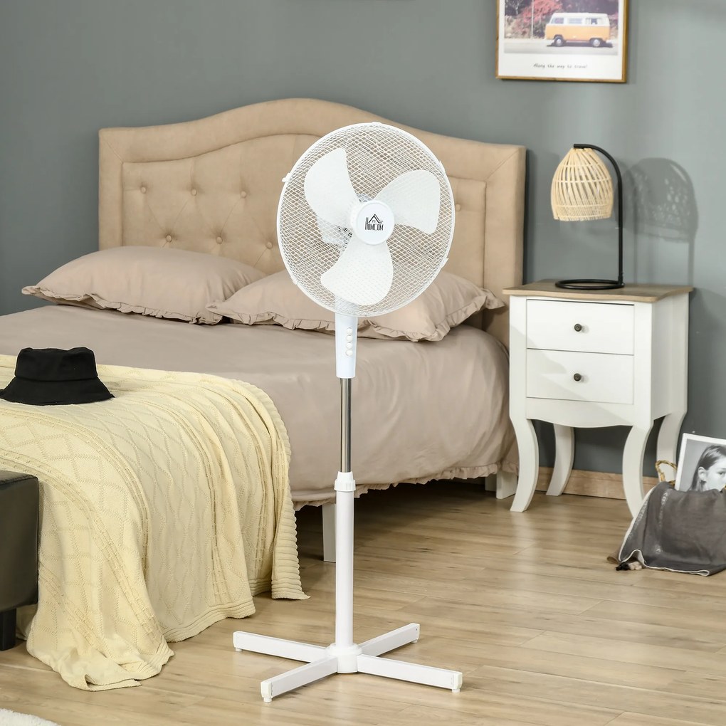 HOMCOM Ventilator de Podea cu 3 Viteze, Înălțime Reglabilă și Unghi de Înclinare de 80°, 60x60x90-120 cm, Alb | Aosom Romania