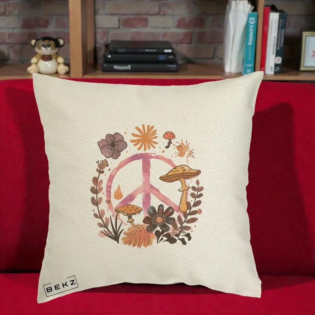 Perna Decorativa Peace Ciuperci Boho, 40x40 cm, Ecru, Husa Detasabila, Perna Inclusa, BEKZ®