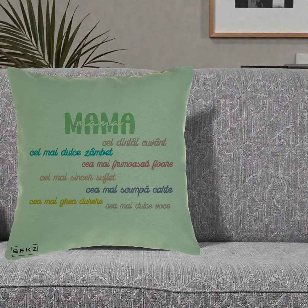Perna personalizata mama: Mama, cel dintai cuvant, text colorat, 40x40 cm cu Umplutura, Verde, BEKZ