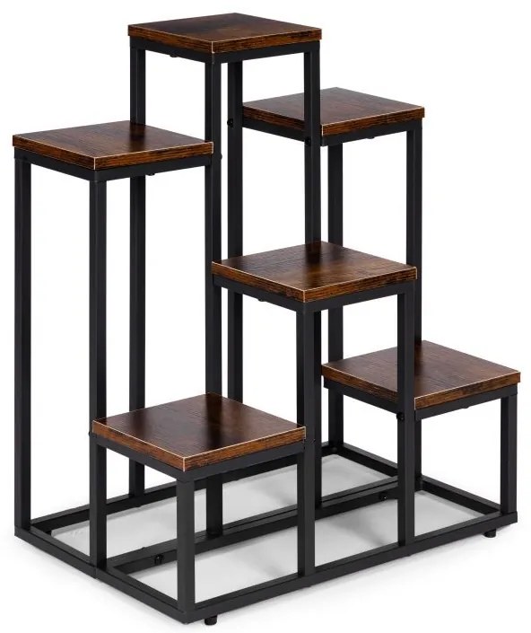 Suport pentru flori Loft - 6 rafturi, oțel negru și decor din lemn