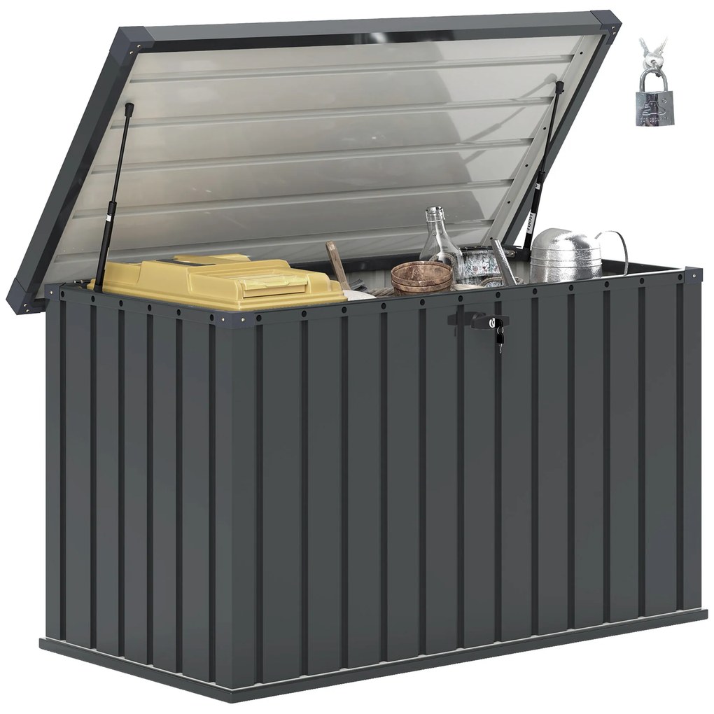 Outsunny Ladă de Exterior de 400L cu Capac cu Două Pârghii, Încuietoare și 2 Chei, 124x66x72 cm, Gri Închis | Aosom Romania