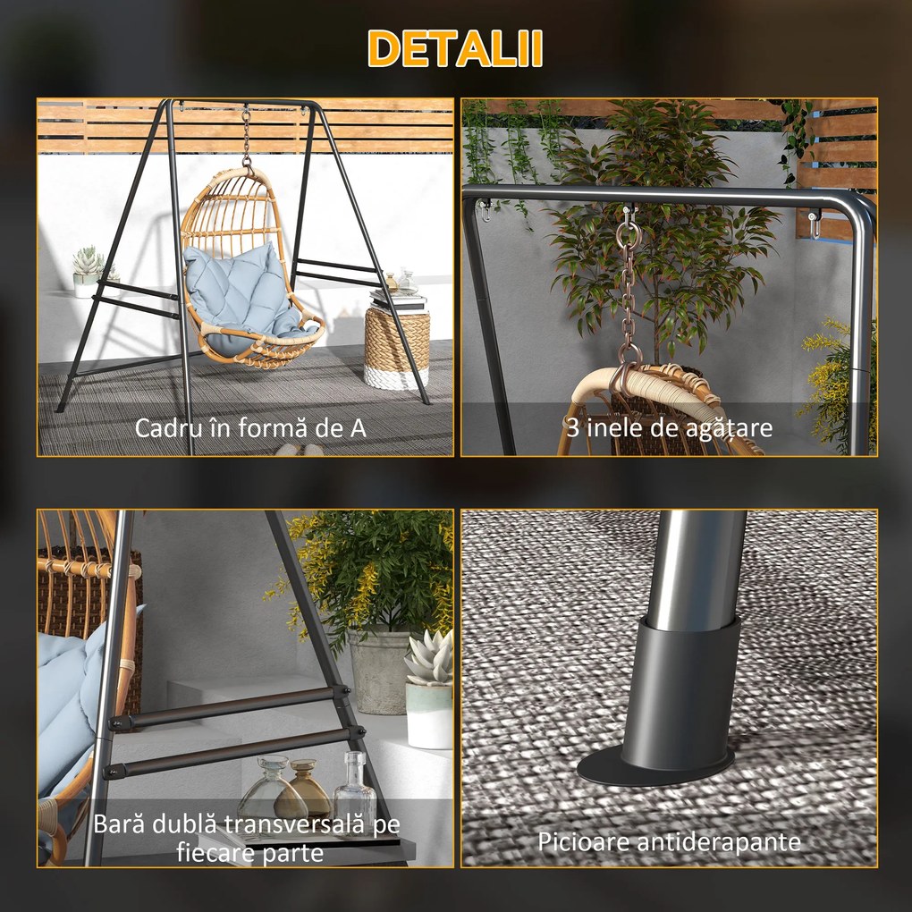 Outsunny Suport pentru Scaun Suspendat, Cadru Metalic Rezistent pentru Hamace, Balansoare Suspendate Tip Ou, Negru | Aosom Romania