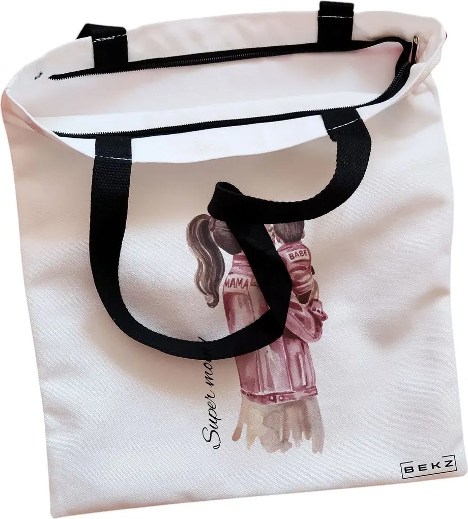Sacosa de Panza pentru Cumparaturi, Geanta Tote, model Super Mom 3, Cu fermoar, 38x34.5 cm, Alba, BEKZ®