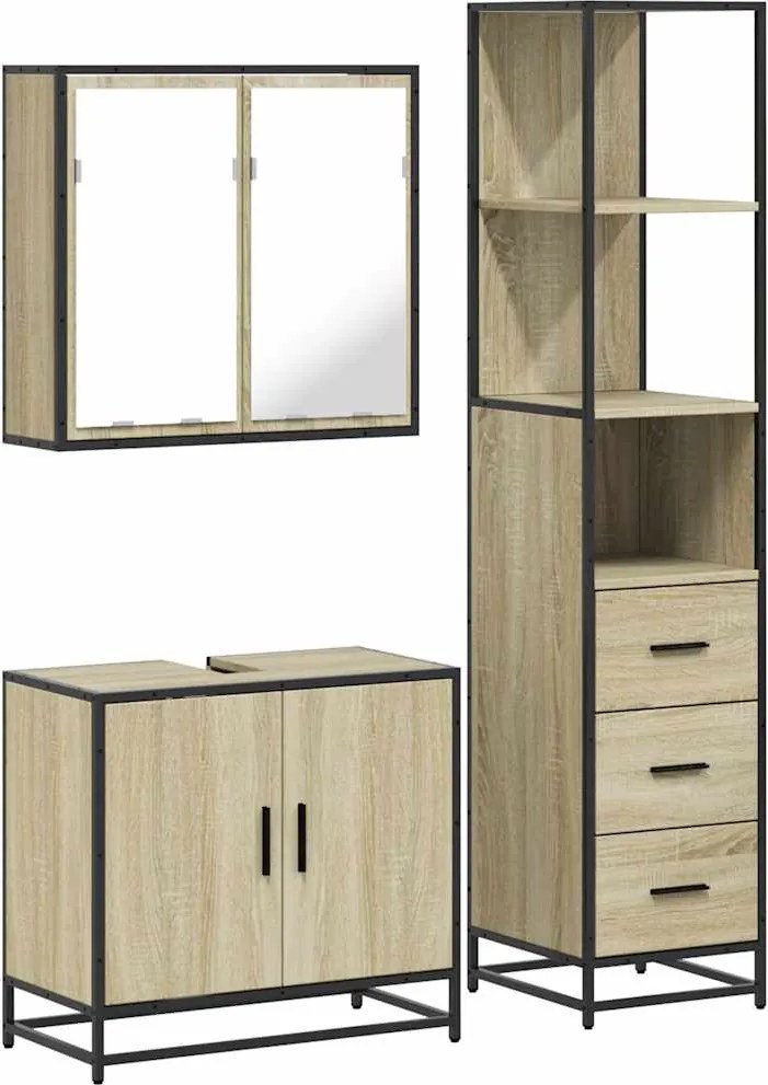vidaXL Set mobilier de baie, 3 piese, stejar sonoma, lemn prelucrat