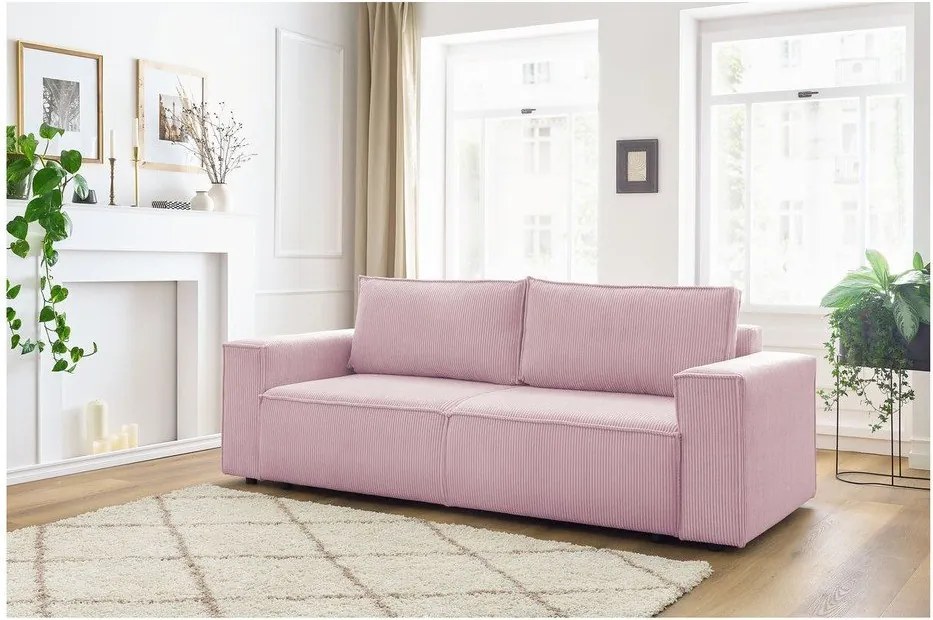 Canapea roz-deschis extensibilă cu tapițerie din catifea reiată 245 cm Nihad – Bobochic Paris