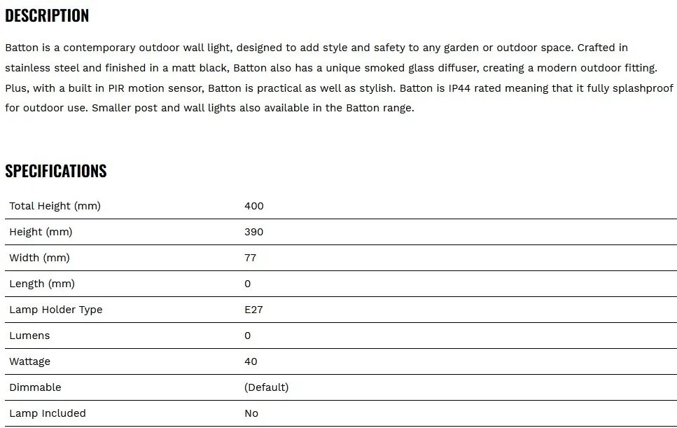 Aplica de perete de exterior IP44 cu senzor de miscare Batton
