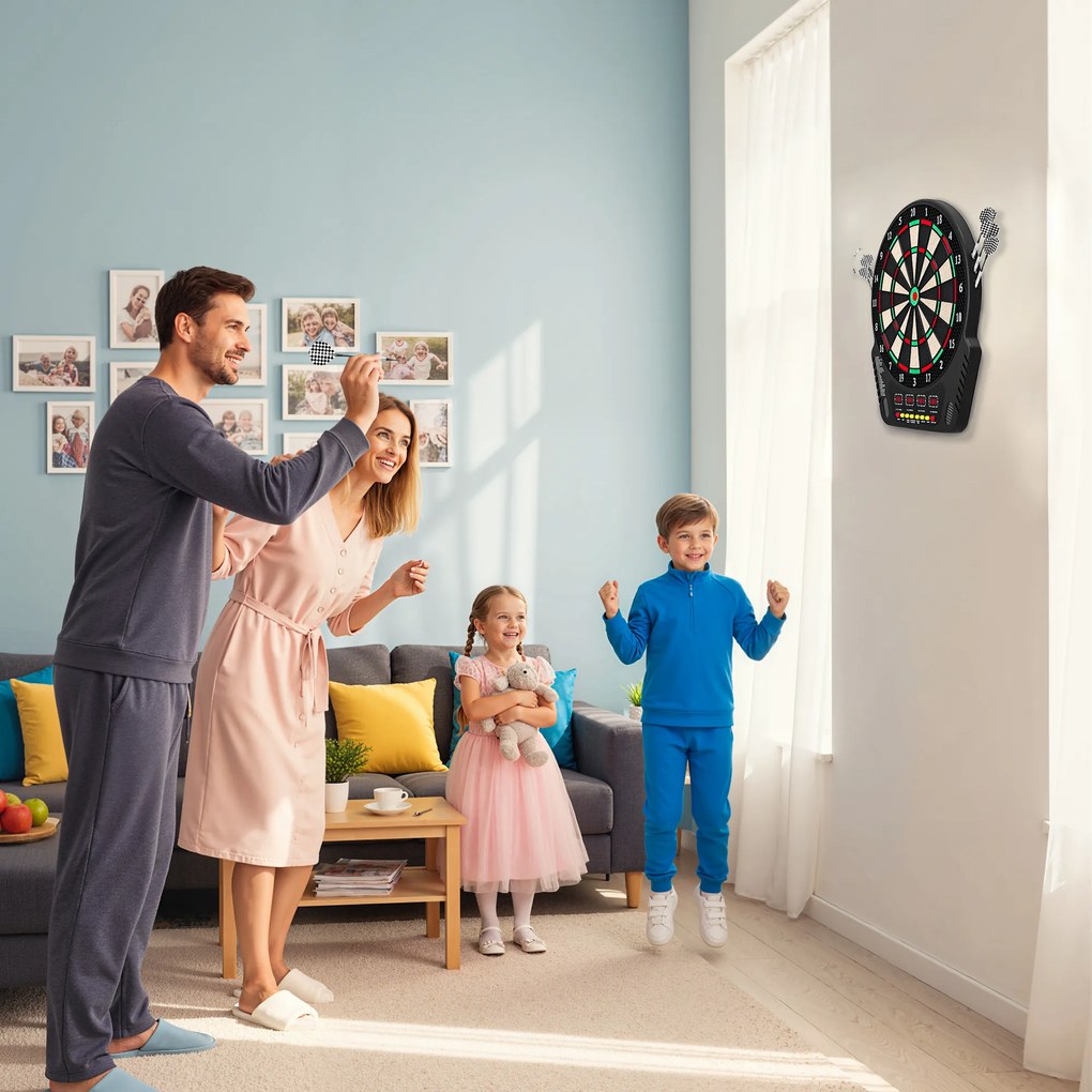 HOMCOM Țintă pentru Darts cu 6 Săgeți, Adaptor, 4 Afișaje LED și 27 de Jocuri, din ABS și PP, 44x51.5x3.2 cm, Negru | Aosom Romania
